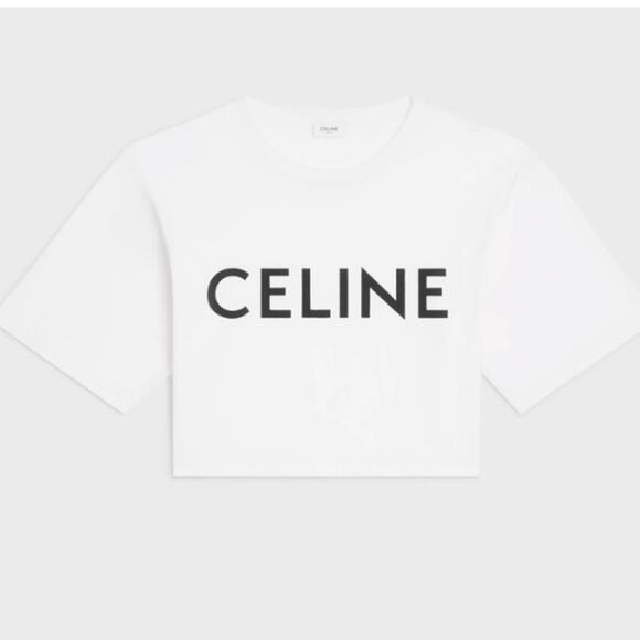 CELINE Paris Cotton Jersey Short Sleeve Crew Neck Cropped T-Shirt White Women XS - Picture 2 of 6